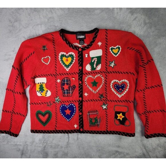 Designers Originals Winter Sweater Womens XL Red Button Up Mittens Stars Teacher - Picture 1 of 11